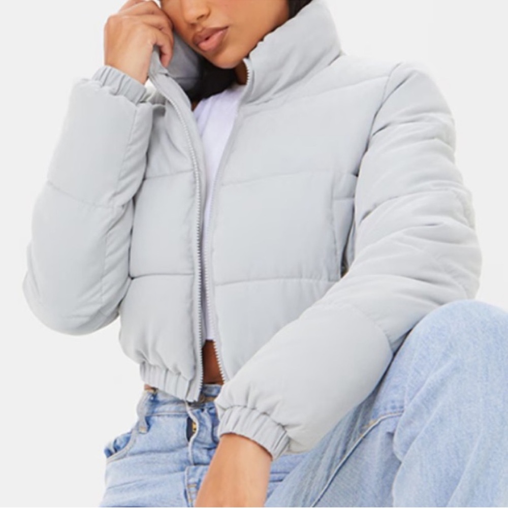 Pretty Little Thing GREY PEACH SKIN CROPPED BUBBLE PUFFER JACKET Size US 8 NWT